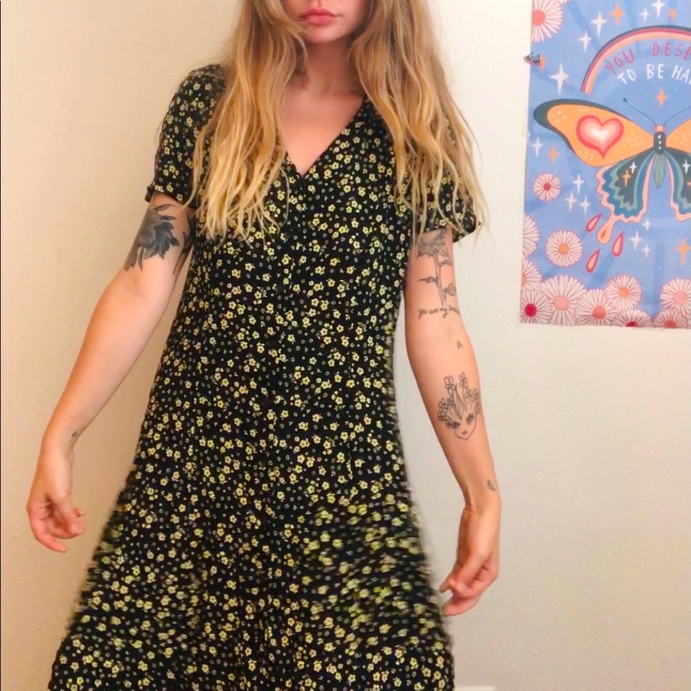 Black midi dress with yellow flowers